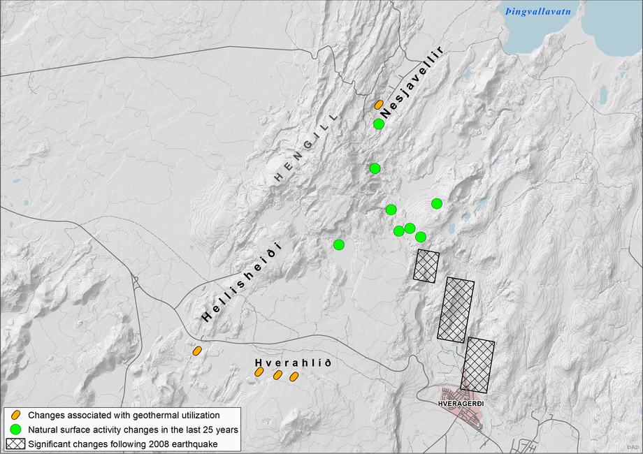 Production field of geothermal power plants at the Hengill area and temperature changes in geothermal surface heat.